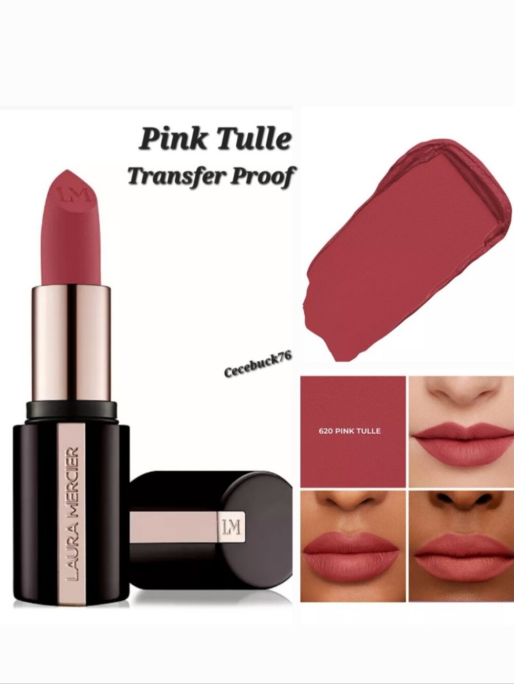 🌺Laura Mercier Pink Tulle Caviar Smoothing Matte Lipstick Transfer Proof